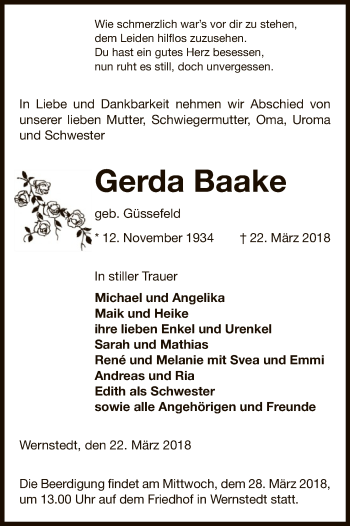 Traueranzeige von Gerda Baake von Uelzen