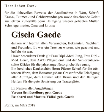 Traueranzeige von Gisela Gaede von Uelzen