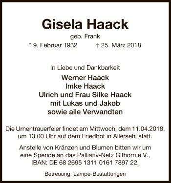 Traueranzeige von Gisela Haack von Uelzen