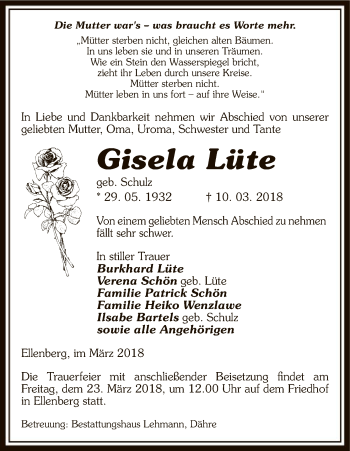 Traueranzeige von Gisela Lüte von Uelzen