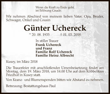 Traueranzeige von Günter Uchereck von Uelzen