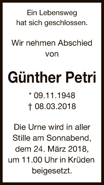 Traueranzeige von Günther Petri von Uelzen