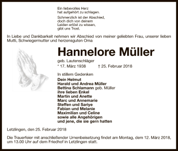 Traueranzeige von Hannelore Müller von Uelzen