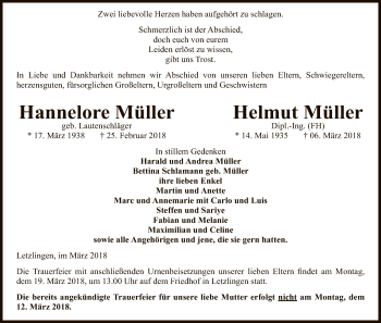Traueranzeige von Hannelore und Helmut Müller von Uelzen