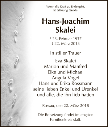 Traueranzeige von Hans-Joachim Skalei von Uelzen