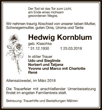 Traueranzeige von Hedwig Kornblum von Uelzen