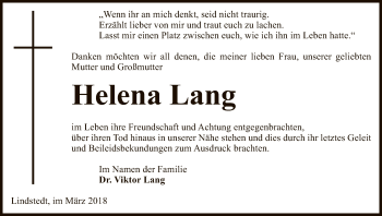 Traueranzeige von Helena Lang von Uelzen