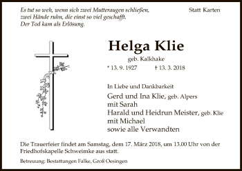 Traueranzeige von Helga Klie von Uelzen