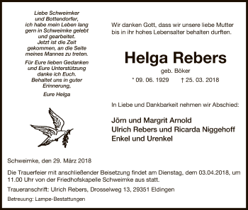 Traueranzeige von Helga Rebers von Uelzen