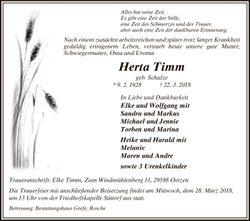 Traueranzeige von Herta Timm von Uelzen