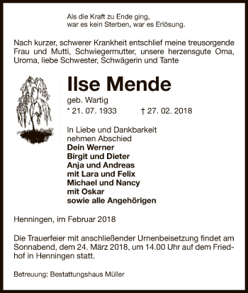 Traueranzeige von Ilse Mende von Uelzen