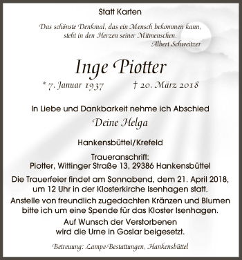 Traueranzeige von Inge Piotter von Uelzen