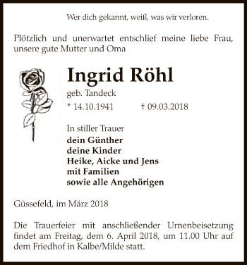 Traueranzeige von Ingrid Röhl von Uelzen