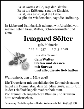 Traueranzeige von Irmgard Sölter von Uelzen