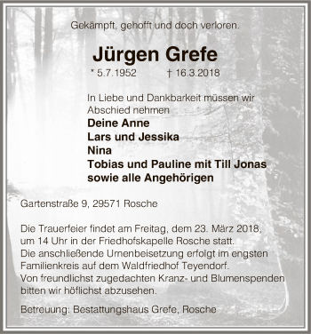 Traueranzeige von Jürgen Grefe von Uelzen