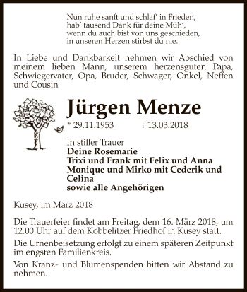 Traueranzeige von Jürgen Menze von Uelzen