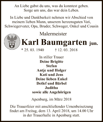 Traueranzeige von Karl Baumgarten von Uelzen