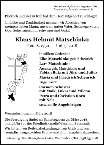 Traueranzeige von Klaus Helmut Matschinko von Uelzen