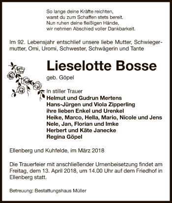 Traueranzeige von Lieselotte Bosse von Uelzen