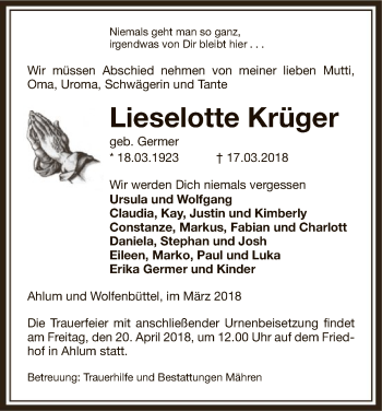 Traueranzeige von Lieselotte Krüger von Uelzen