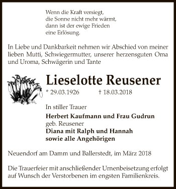 Traueranzeige von Lieselotte Reusener von Uelzen