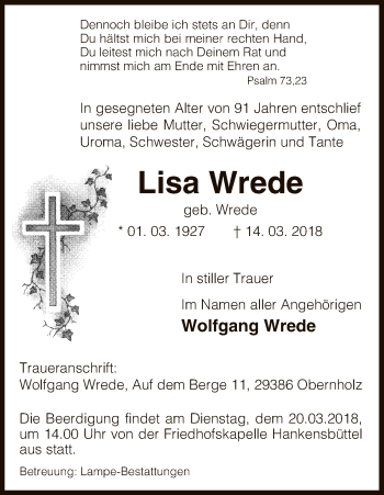 Traueranzeige von Lisa Wrede von Uelzen