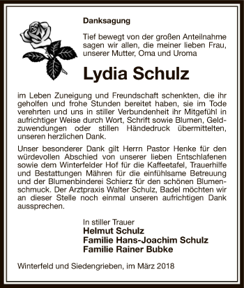 Traueranzeige von Lydia Schulz von Uelzen