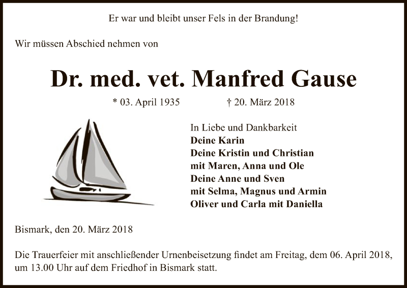  Traueranzeige für Manfred Gause vom 24.03.2018 aus Uelzen
