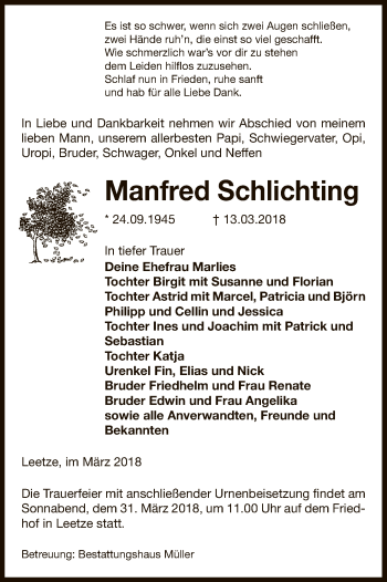 Traueranzeige von Manfred Schlichting von Uelzen