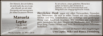 Traueranzeige von Manuela Lepke von Uelzen