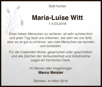 Traueranzeige von Maria-Luise Witt von Uelzen