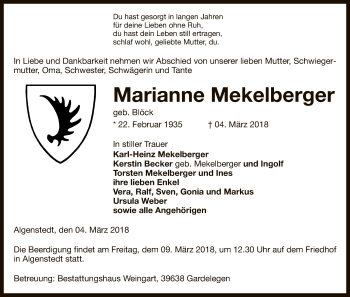 Traueranzeige von Marianne Mekelberger von Uelzen