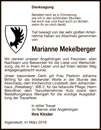 Traueranzeige von Marianne Mekelberger von Uelzen