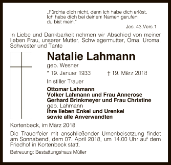 Traueranzeige von Natalie Lahmann von Uelzen