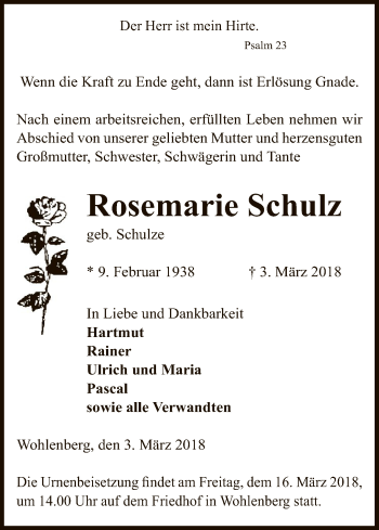 Traueranzeige von Rosemarie Schulz von Uelzen