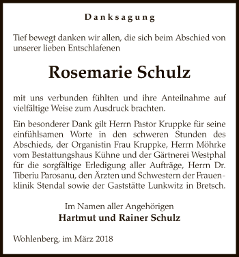 Traueranzeige von Rosemarie Schulz von Uelzen