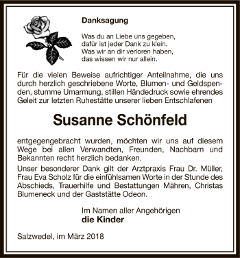 Traueranzeige von Susanne Schönfeld von Uelzen