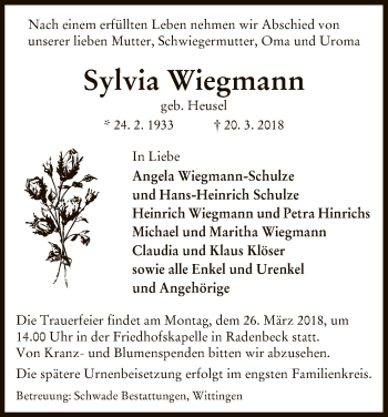 Traueranzeige von Sylvia Wiegmann von Uelzen