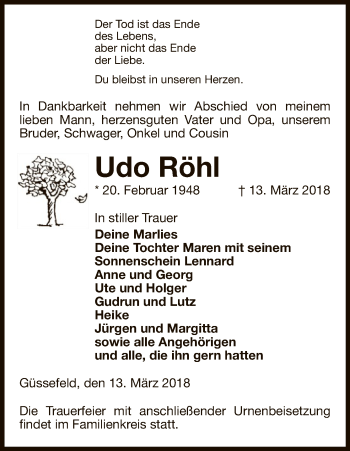 Traueranzeige von Udo Röhl von Uelzen