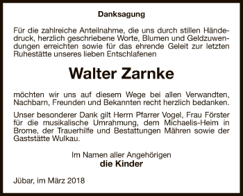 Traueranzeige von Walter Zarnke von Uelzen