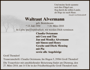 Traueranzeige von Waltraut Alvermann von Uelzen