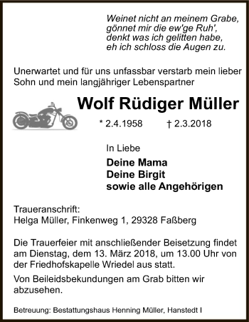 Traueranzeige von Wolf Rüdiger Müller von Uelzen