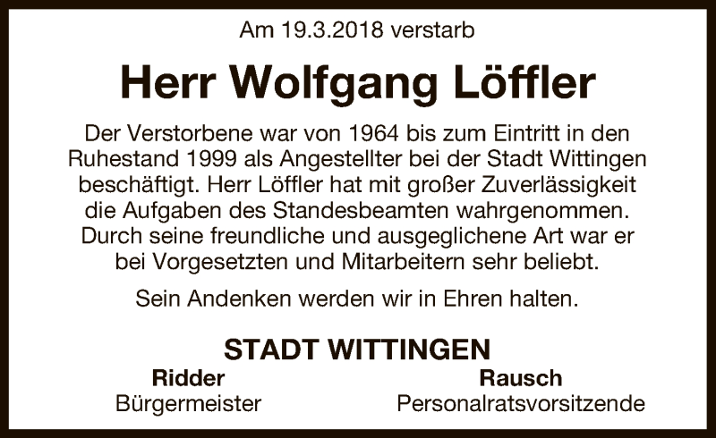  Traueranzeige für Wolfgang Löffler vom 28.03.2018 aus Uelzen