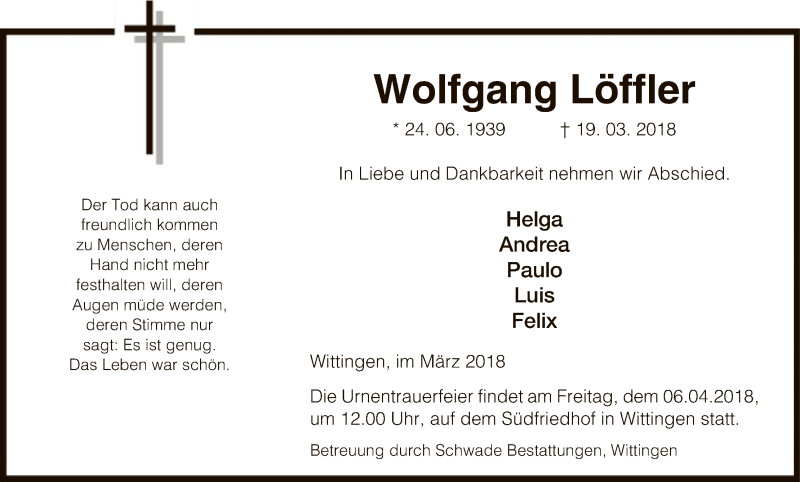  Traueranzeige für Wolfgang Löffler vom 24.03.2018 aus Uelzen