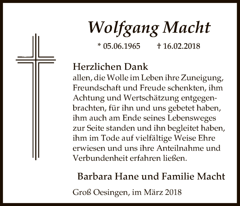  Traueranzeige für Wolfgang Macht vom 17.03.2018 aus Uelzen