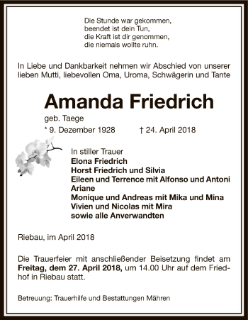 Traueranzeige von Amanda Friedrich von Uelzen