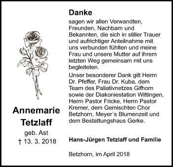 Traueranzeige von Annemarie Tetzlaff von Uelzen