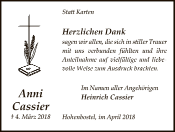 Traueranzeige von Anni Cassier von Uelzen