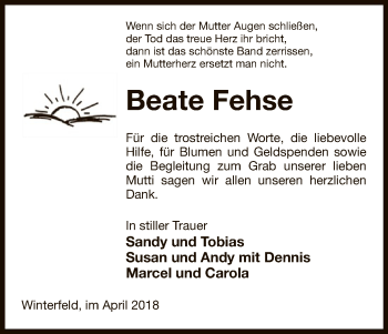 Traueranzeige von Beate Fehse von Uelzen