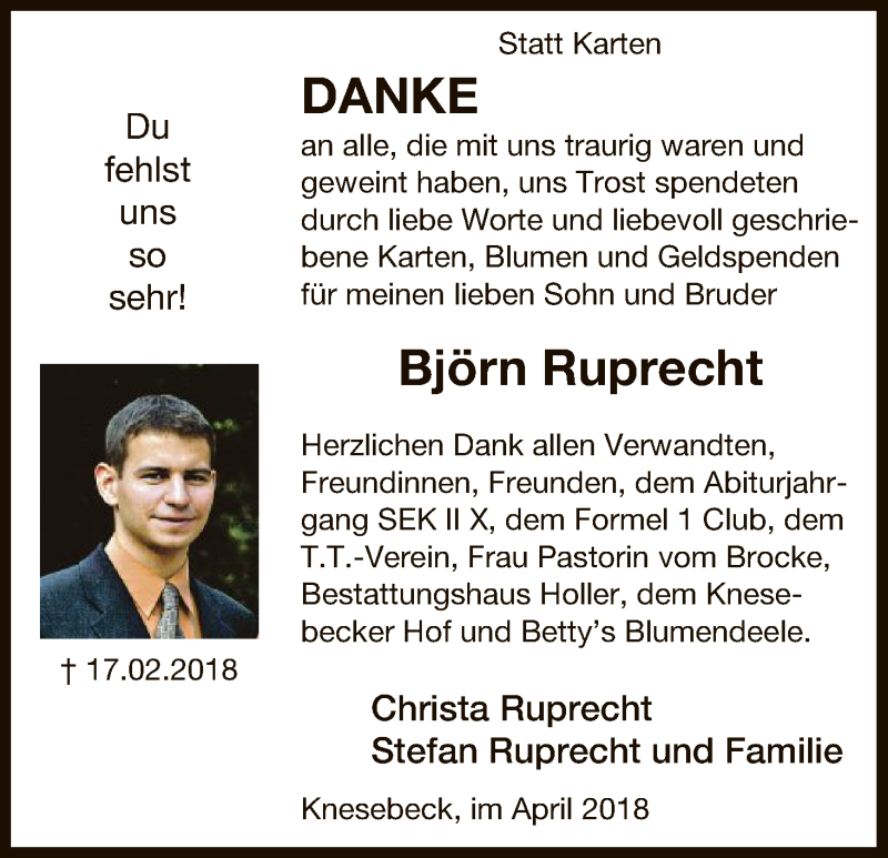  Traueranzeige für Björn Ruprecht vom 28.04.2018 aus Uelzen